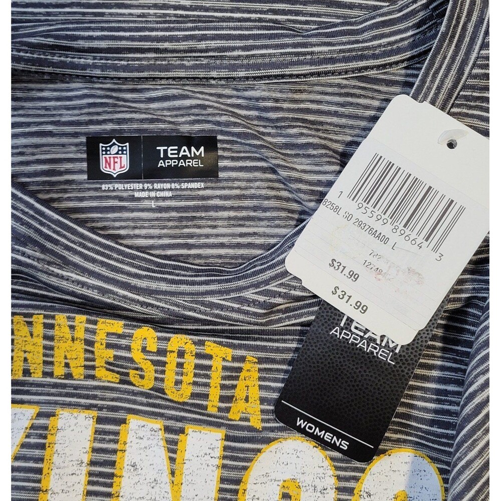 NWT Nfl MN Vikings Short Sleeve Shirt Women's Large Gray Stripes - Picture 3 of 4